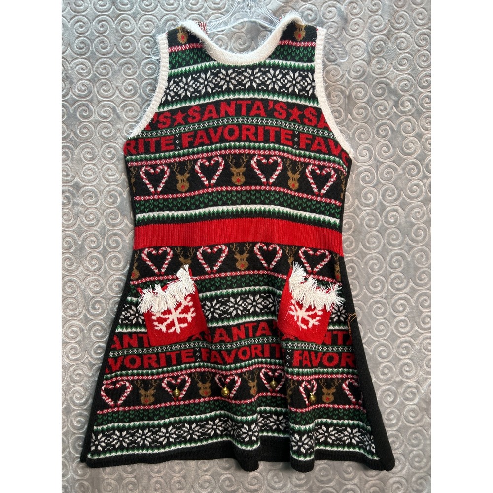 No Boundaries Red, Green & Black Holiday Sweater Dress with Pom-Pocket Detail